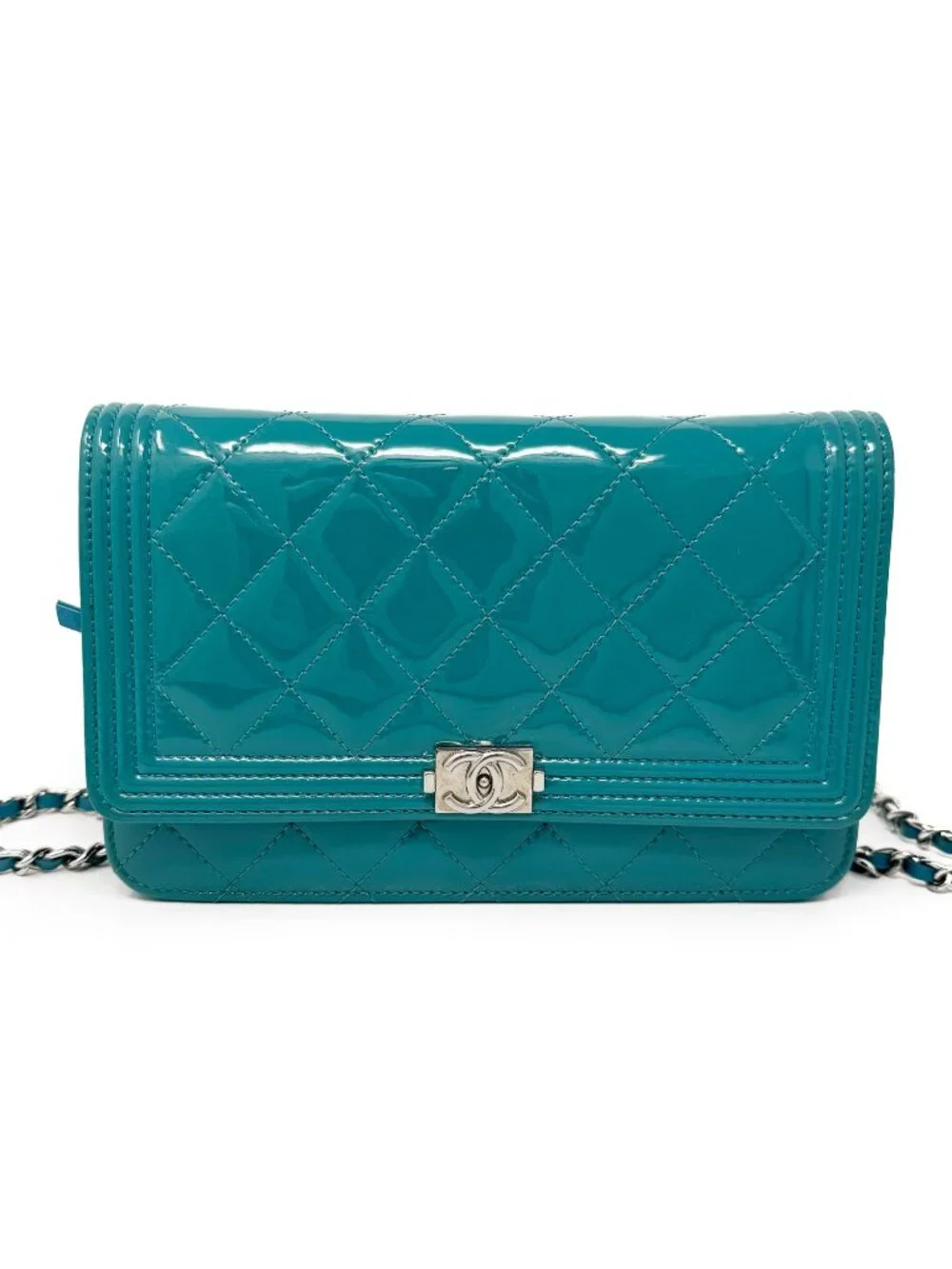 Chanel Turquoise Quilted Patent Leather Wallet on Chain